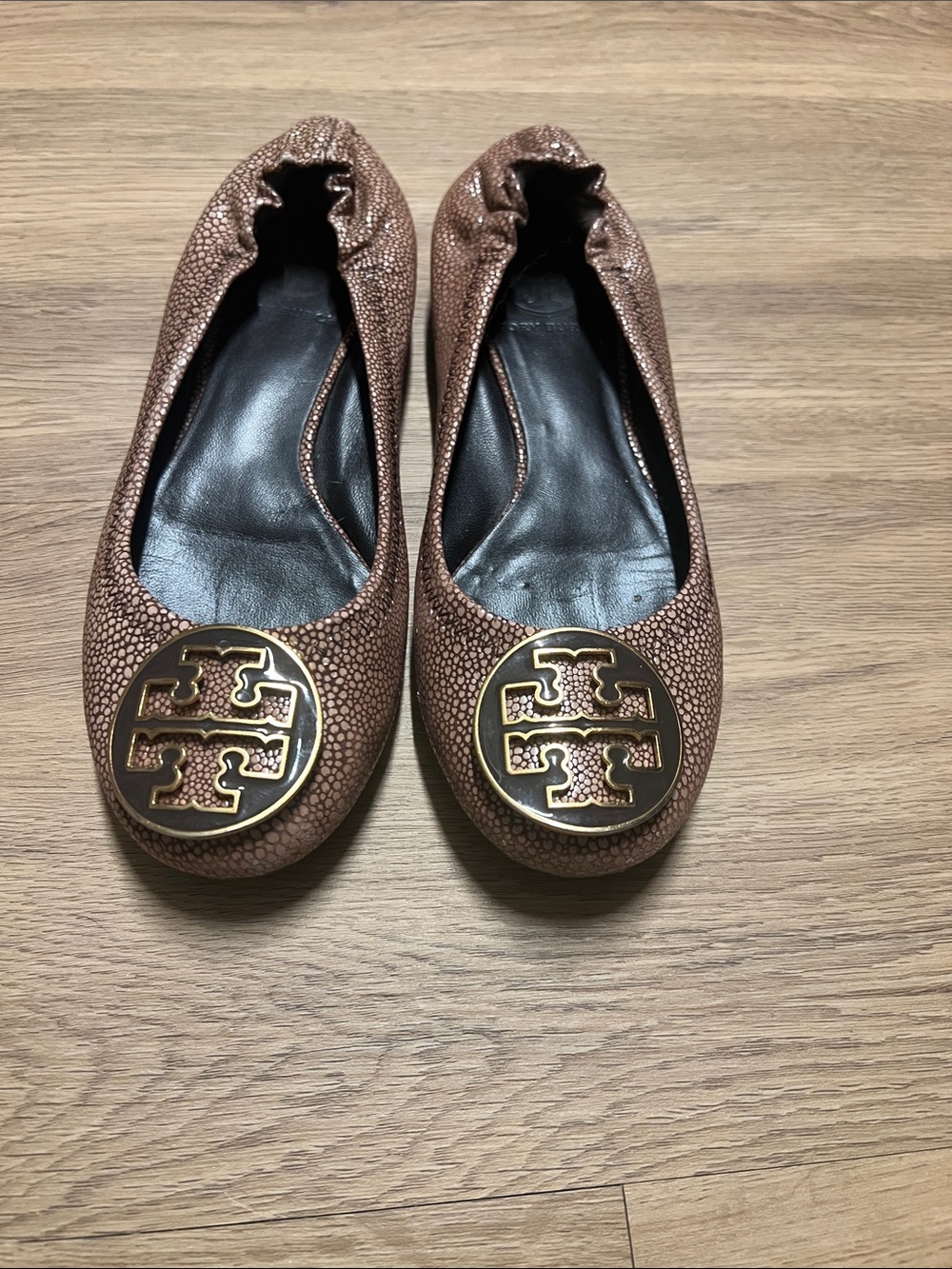 Tory Burch Metallic Bronze Logo Ballet Flats